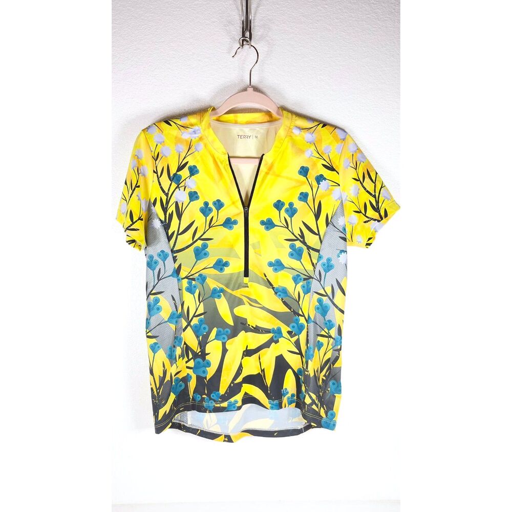 Terry Cycling Jersey Vibrant Yellow Blue Black Floral Pattern Size M